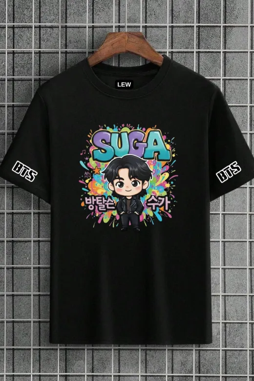 lovver SUUGA1 Bts Grup Suga Tasarımlı Kol Baskı Detaylı Pamuklu Premium Baskılı Çocuk Tişört