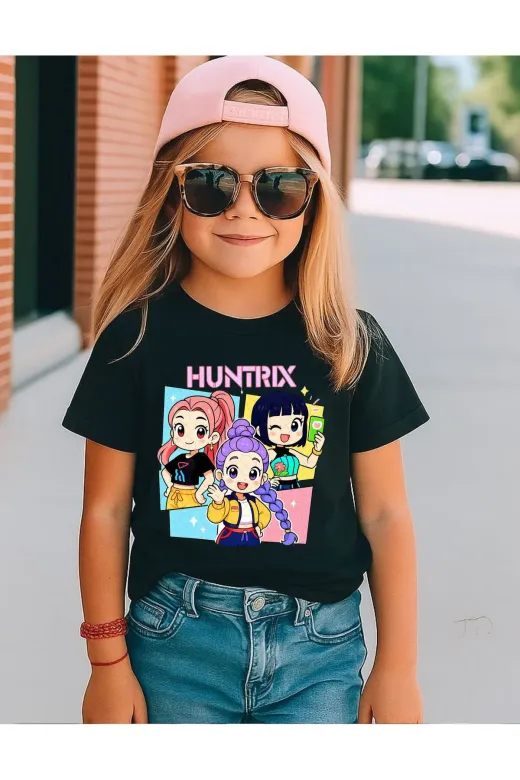 lovver yeoz4 Kpop Demon Hunter Huntrix Zoey,mira,rumi Pamuklu Nefes Alan Kumaş Premium Baskı Siyah Çocuk Tişort