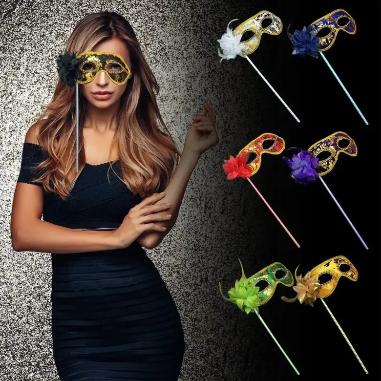 Lüks Taşlı Saplı Maskeli Balo Maskesi Kırmızı Renk 35 cm (4745)