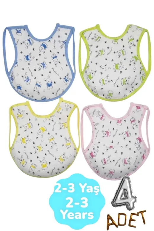 M43 Bebek % 100 Cotton Arkası Muşambalı Su Geçirmez Renkli Mama Önlüğü 4'lü Set 2-3 Yaş