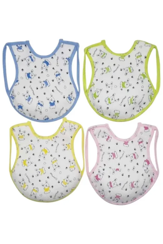 M43 Bebek % 100 Cotton Arkası Muşambalı Su Geçirmez Renkli Mama Önlüğü 4'lü Set 2-3 Yaş