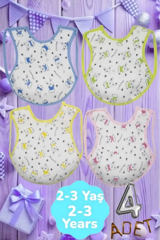 M43 Bebek % 100 Cotton Arkası Muşambalı Su Geçirmez Renkli Mama Önlüğü 4'lü Set 2-3 Yaş