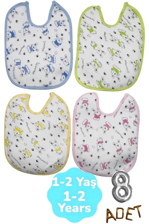 M45 Bebek % 100 Cotton Arkası Muşambalı Su Geçirmez Renkli Mama Önlüğü 8'li Set 1-2 Yaş