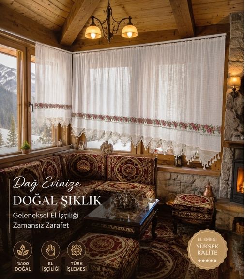 Mandaş El İşi Dantelli Kanaviçe Buldan Perdesi Tek kanat (100*190)