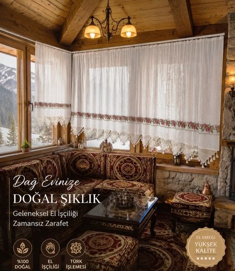 Mandaş El İşi Dantelli Kanaviçe Buldan Perdesi Tek kanat (250*190)
