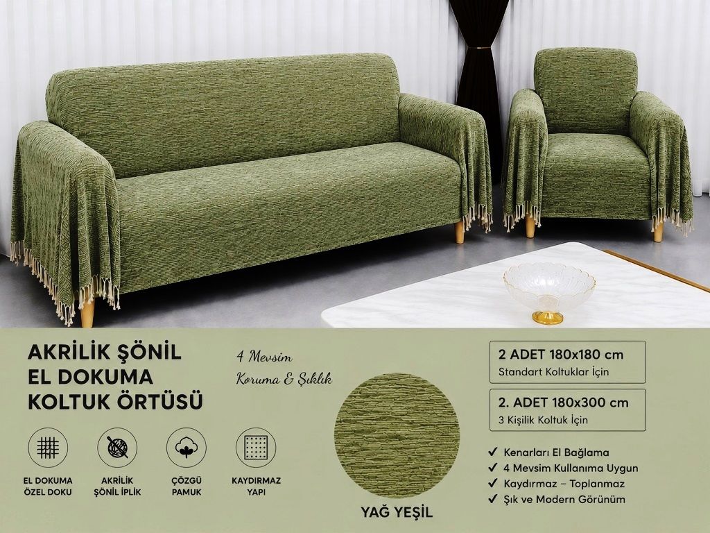 Mandaş Şönil Dokuma Koltuk Örtüsü Maxi Takım 3+3+1+1 açık yağ yeşil