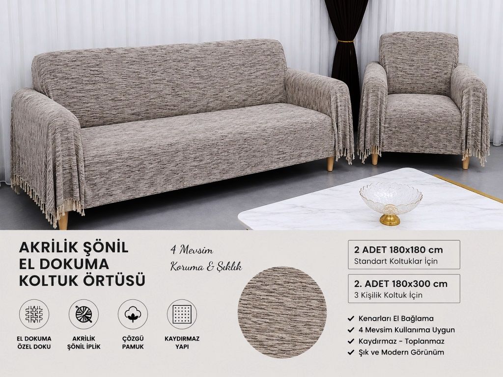 Mandaş Şönil Dokuma Koltuk Örtüsü Maxi Takım 3+3+1+1 gri