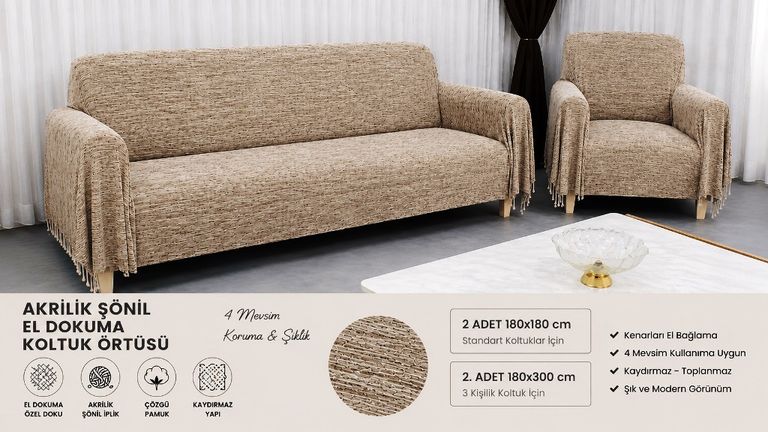 Mandaş Şönil Dokuma Koltuk Örtüsü Maxi Takım 3+3+1+1 k vizon