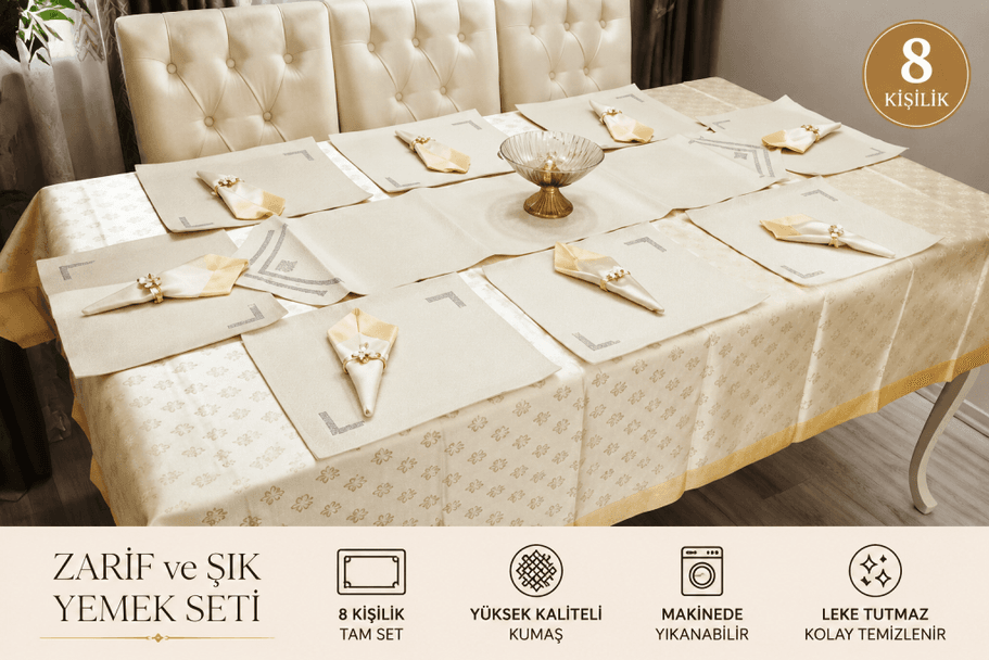 Mandaş Yemek seti 8 Kişilik deri runnerli  yüzüklü 26 prç  krem  /gold