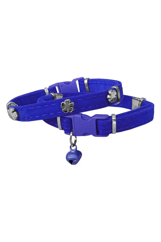 markapet SF-KDFYNCL-MV Kadife Kedi Boyun Tasması Yoncalı 20-32 Cm Mavi