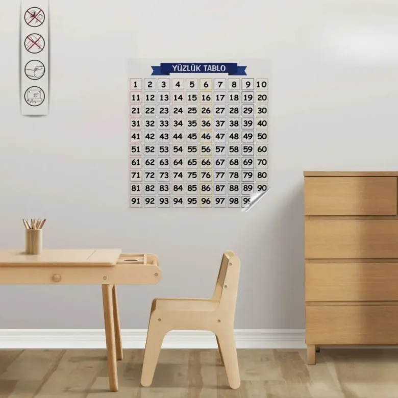 Matematik Öğreten Yüzlük Tablo Duvarda İz Bırakmaz Akıllı Kağıt Yapışkansız Statik  60x60 cm (4745)