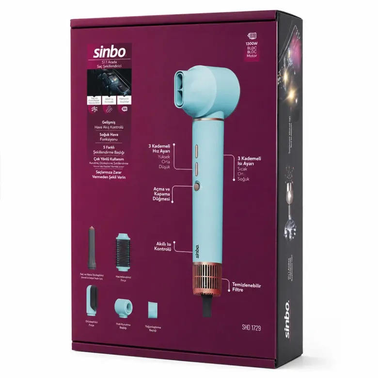 Mavi Air Brush 5İN1=BUKLE-HACİMLE-DÜZLEŞTİR-2-FIRÇA Saç Kurutma - Şekil Makinesi 1300W 3-KDM.HIZ Sıc