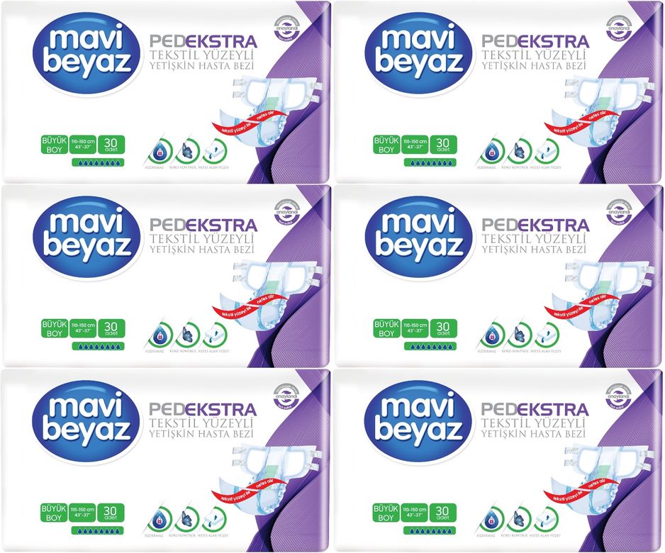 Mavi Beyaz Ped Ekstra Tekstil Yüzeyli Bel Bantlı Yetişkin Bezi L - Large - Büyük 180 Adet
