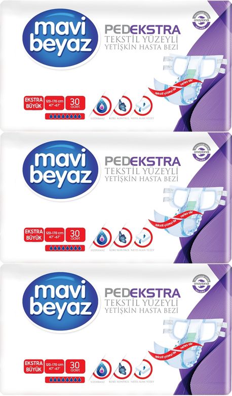 Mavi Beyaz Ped Ekstra Tekstil Yüzeyli Bel Bantlı Yetişkin Bezi XL -Extra Large -Ekstra Büyük 90 Adet