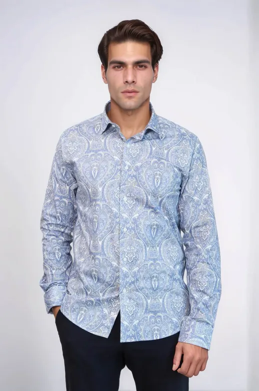 Mavi Damask Desenli Slim Fit Gömlek - Wessi - 3XL / Mavi