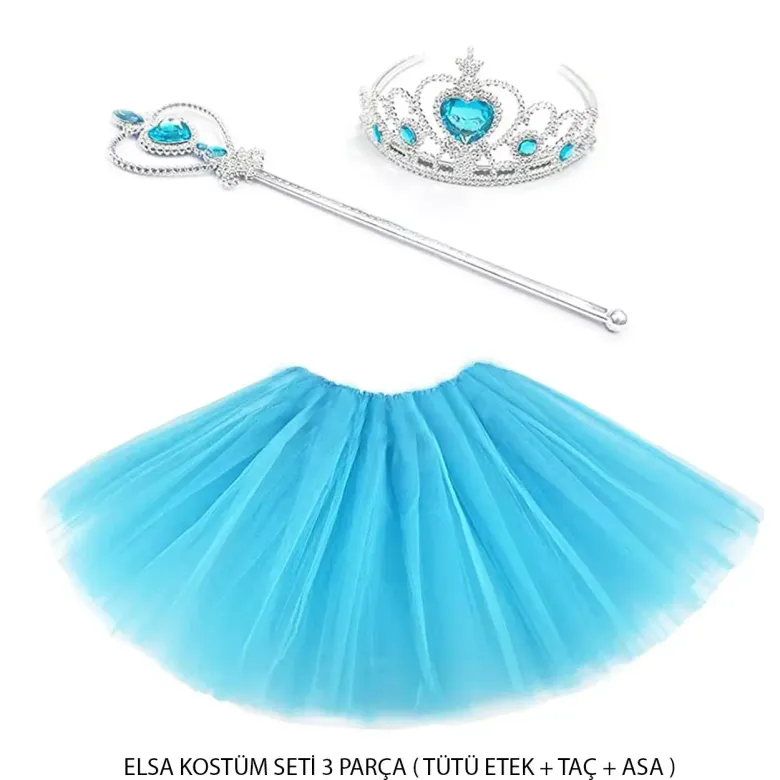 Mavi Prenses Elsa Kostüm Seti 3 Parça (Tütü Etek + Taç + Asa ) (4745)
