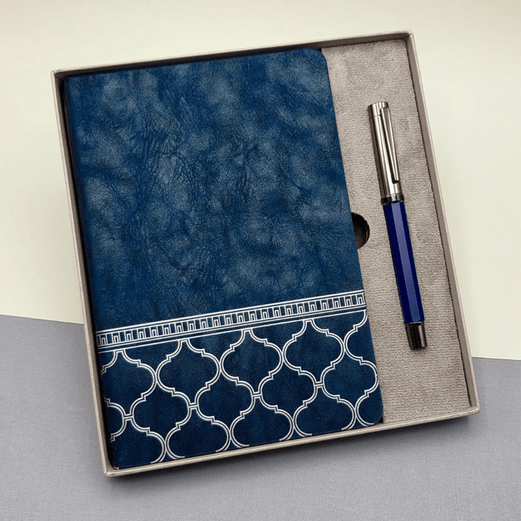 Mavi Termo Deri Defter Ve Metal Roller Kalem Seti