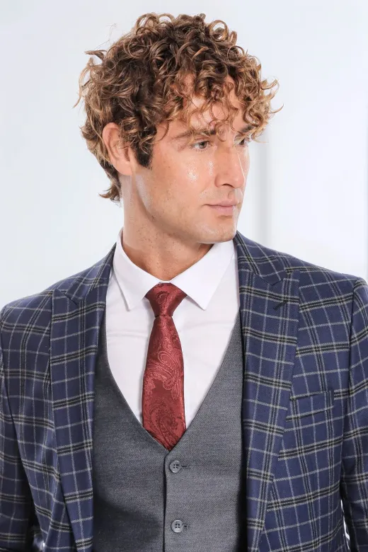 Mavi Yelekli Slim Fit Ekose Lacivert Erkek Takım Elbise - Wessi