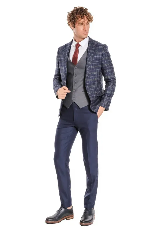 Mavi Yelekli Slim Fit Ekose Lacivert Erkek Takım Elbise - Wessi