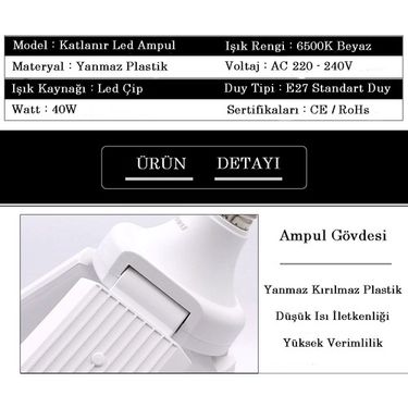 MCmWI6x1BU Cfr Şanled Pervane Led Ampul 3 Kollu Katlanabilir 40W 6500K Beyaz Işık Yaprak Led Ampul