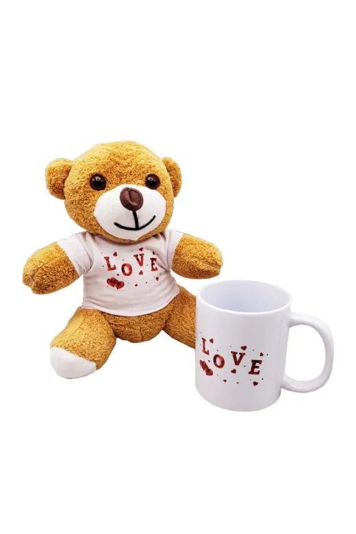 MEKs TTT-24242450312 Love Baskılı Kahverengi Ayıcık Ve Kupa Hediye Seti