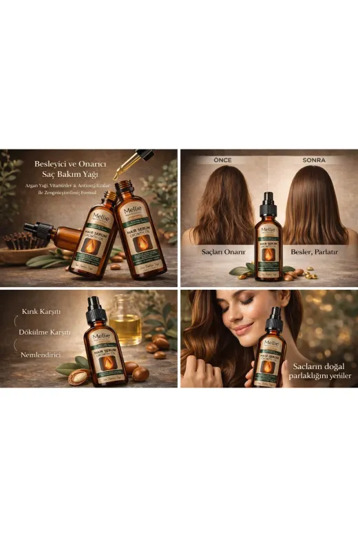 mellie mellie004_sac_serumu Argan Yağı & Vitamin Ile Yoğun Etkili Onarıcı Saç Bakım Yağı