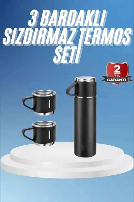 Mestore TEKUCZZZTERMOSSET2ME Termos Paslanmaz Çelik Termos Siyah Renk 3 Bardaklı Termos Seti