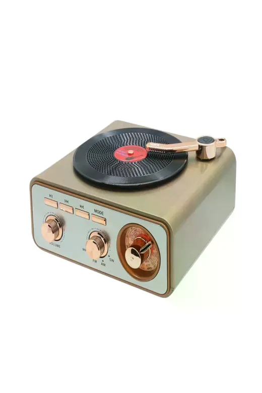 Metalik Nostaljik Tasarım Plak Çalar Görünümlü Radyolu Bluetooth Hoparlör Retro Müzik Plak