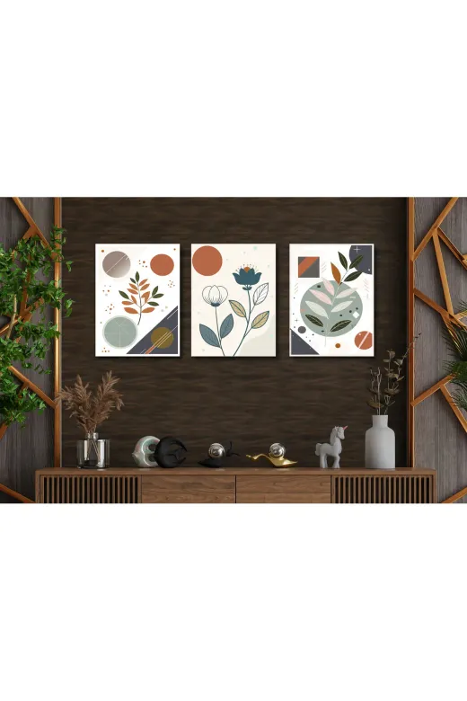 M&H Quality 151561015100 3’Lü Mdf Tablo Seti 30X40 Cm Soyut Geometrik Yaprak & Çiçek Modern Duvar Dekoru