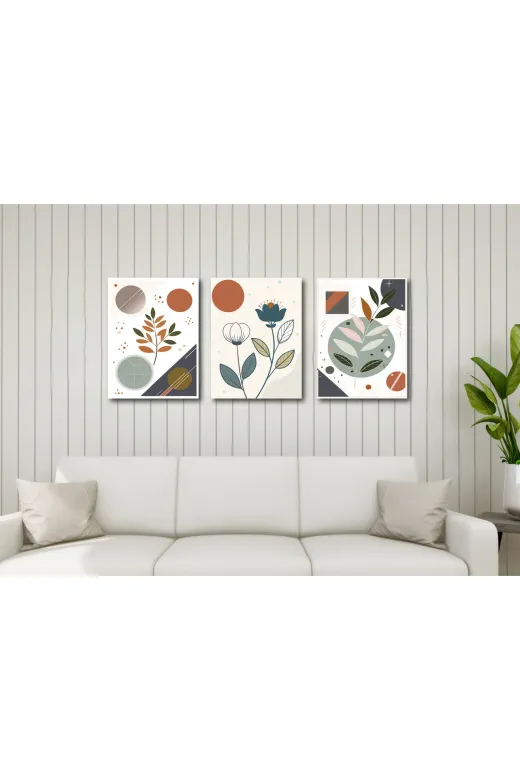 M&H Quality 151561015100 3’Lü Mdf Tablo Seti 30X40 Cm Soyut Geometrik Yaprak & Çiçek Modern Duvar Dekoru