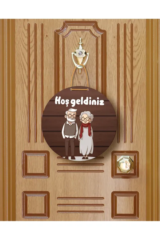 M&H Quality 1651561000 Hoşgeldiniz" Yazılı Mdf Kapı Süsü(22.5 Cm)Sevimli Yaşlı Çift Temalı Halat Askılı Giriş Dekoru