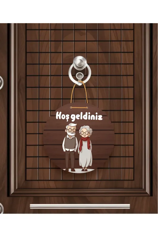 M&H Quality 1651561000 Hoşgeldiniz" Yazılı Mdf Kapı Süsü(22.5 Cm)Sevimli Yaşlı Çift Temalı Halat Askılı Giriş Dekoru