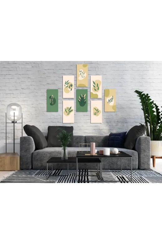 M&H Quality 19846515645000 8’Li Modern Botanik Yaprak Duvar Tablo Seti – 20X10 Cm (Minimal Tasarım)