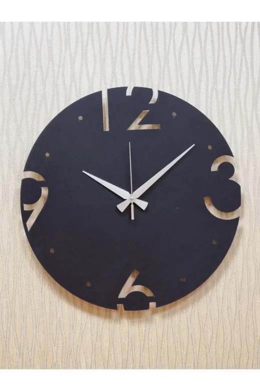 M&H Quality 406 Dekoratif Duvar Saati Ahşap Türkçe Rakamlar (Sessiz Mekanizma) Metal Akrep Yelkovan Siyah Rengi