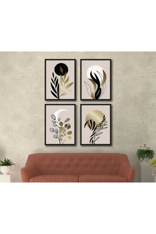 M&H Quality 54654658102151 Siyah Altın Soyut Botanik 4’Lü Mdf Tablo Seti – Minimal Modern Duvar Dekoru