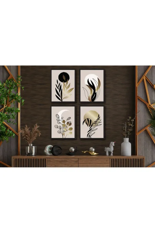 M&H Quality 54654658102151 Siyah Altın Soyut Botanik 4’Lü Mdf Tablo Seti – Minimal Modern Duvar Dekoru