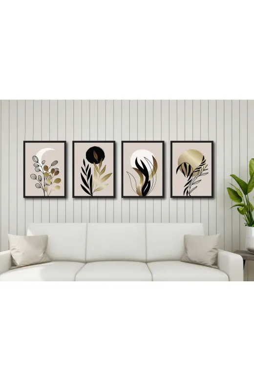 M&H Quality 54654658102151 Siyah Altın Soyut Botanik 4’Lü Mdf Tablo Seti – Minimal Modern Duvar Dekoru