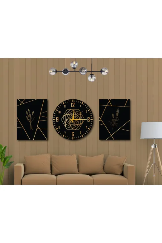 M&H Quality 548465811005 3’Lü Dekoratif Duvar Tablo Ve Saat Seti – Siyah Gold Modern Geometrik Çiçek Desenli Mdf Duvar Dekoru
