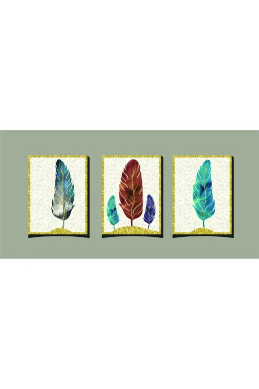 M&H Quality 564840848400 3’Lü Mdf Tablo Seti 20X30 Cm Uv Baskı Altın Detaylı Tüy Desenli Duvar Dekoru