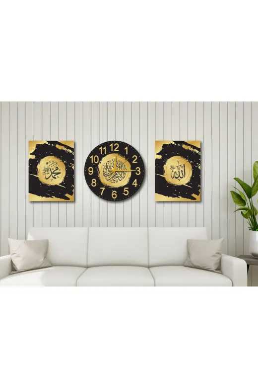 M&H Quality 6516546506510 Lüks Siyah Altın 3'lü Duvar Dekoru Seti (2 Tablo+1 Saat) | Hat Sanatı