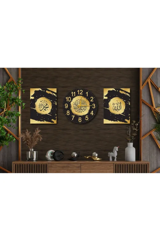 M&H Quality 6516546506510 Lüks Siyah Altın 3'lü Duvar Dekoru Seti (2 Tablo+1 Saat) | Hat Sanatı