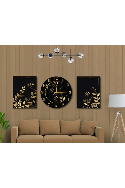 M&H Quality 68541846516510 3’Lü Dekoratif Duvar Tablo Ve Saat Seti – Siyah Gold Modern Mdf Duvar Dekoru