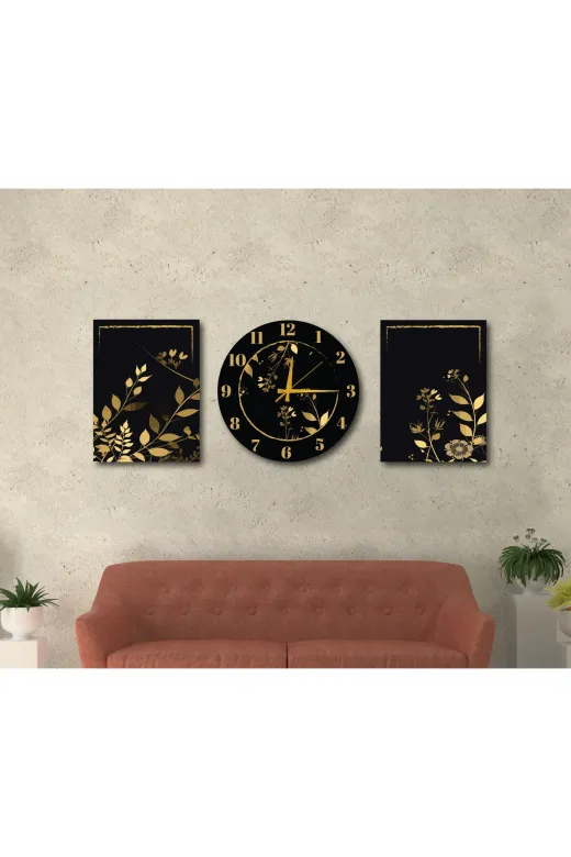 M&H Quality 68541846516510 3’Lü Dekoratif Duvar Tablo Ve Saat Seti – Siyah Gold Modern Mdf Duvar Dekoru