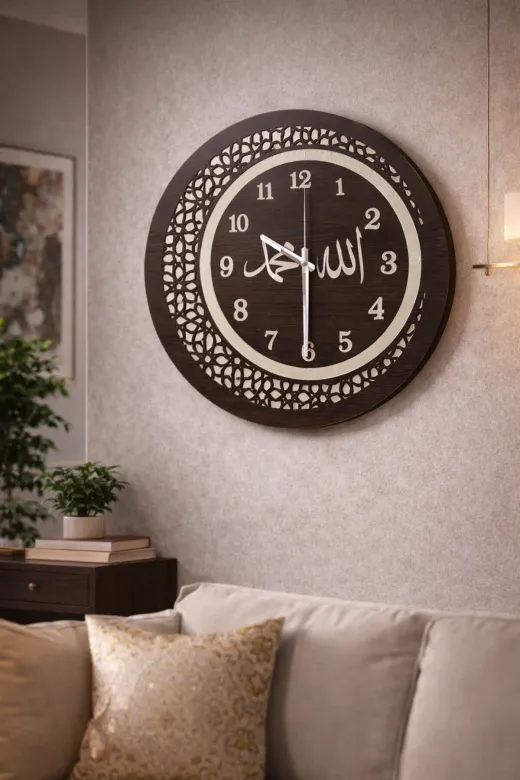 M&H Quality 89416584560102 Allah Lafızlı Dekoratif Mdf Duvar Saati – Lazer Kesim Modern İslami Tasarım