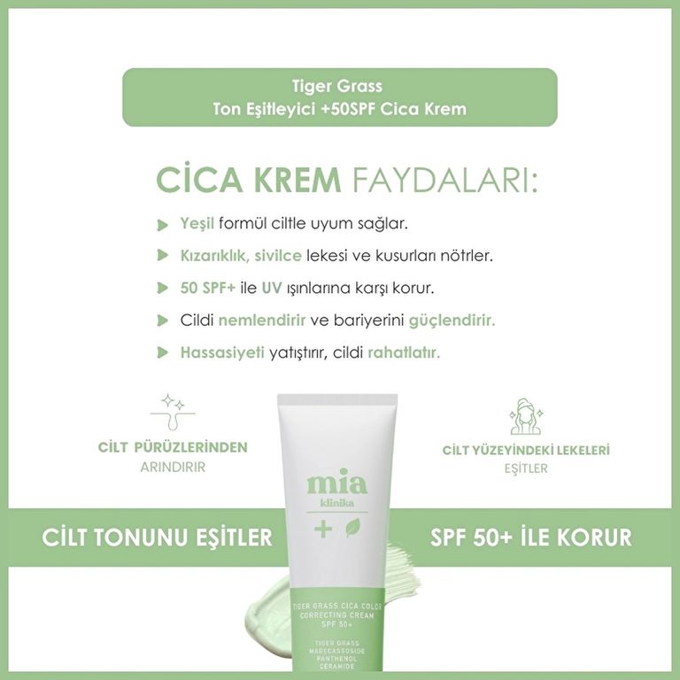mia klinika 10208357 Tiger Grass Ton Eşitleyici 50 Spf+ Cica Krem 30 Ml