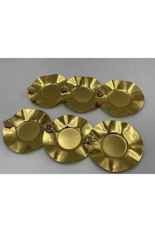Mineli-Aşk atkcaytb12 Metal Gold Çiçek Detayli 6' Lı Çay Tabağı