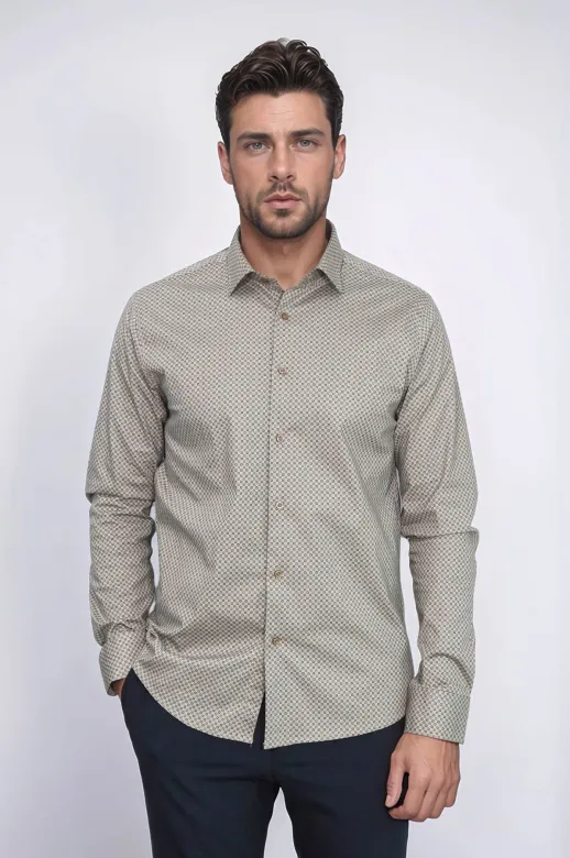Mini Kare Desenli Slim Fit Açık Kahve Erkek Gömlek - Wessi - L / Kahverengi