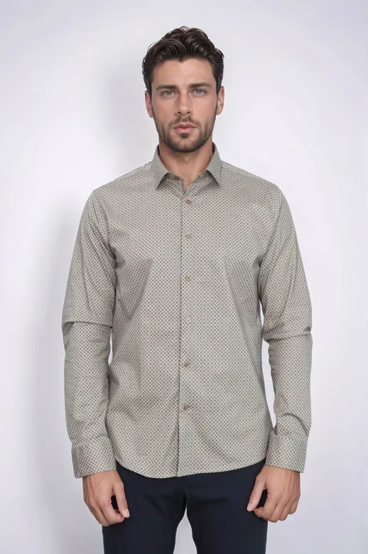 Mini Kare Desenli Slim Fit Açık Kahve Erkek Gömlek - Wessi - L / Kahverengi