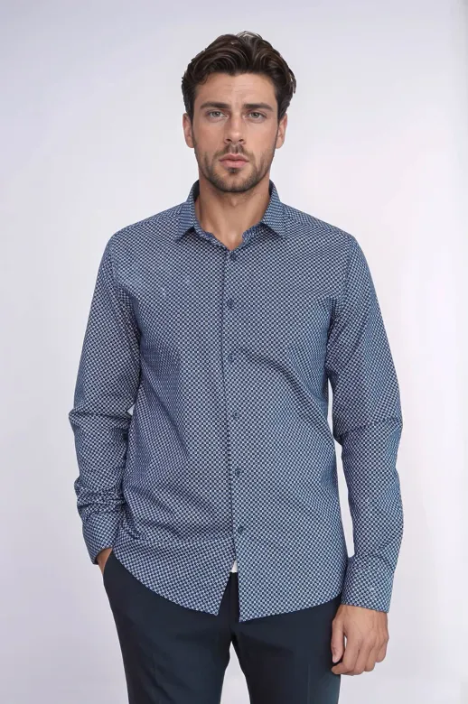 Mini Kare Desenli Slim Fit Mavi Erkek Gömlek - Wessi - L / Lacivert