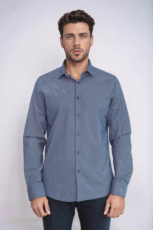 Mini Kare Desenli Slim Fit Mavi Erkek Gömlek - Wessi - L / Lacivert